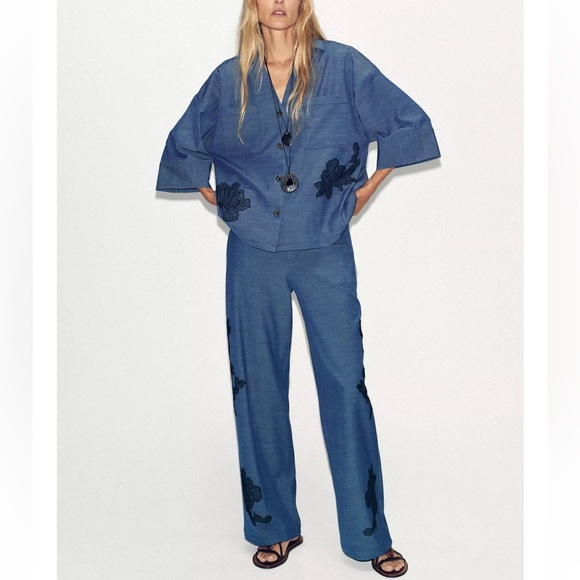 Zara 2 Piece Matching Set Floral Kimono Shirt & Wide Leg Pants Denim Blue NWT